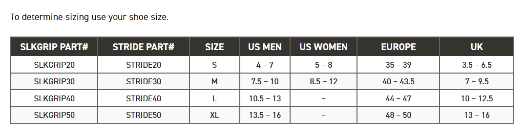 #STRIDE Impacto® Stride Ice Cleats  - size chart
